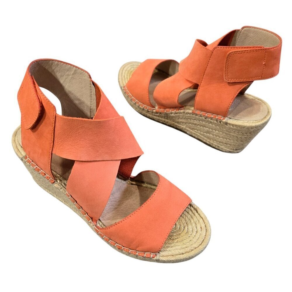 Eileen Fisher Willow Orange Leather Espadrille Wedge Platform Sandals Velcro